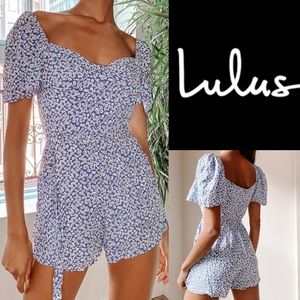 Lulus•Sweet Sensation•Blue•Floral Print•Short Sleeve Romper•Tie Waist•Sz Large
